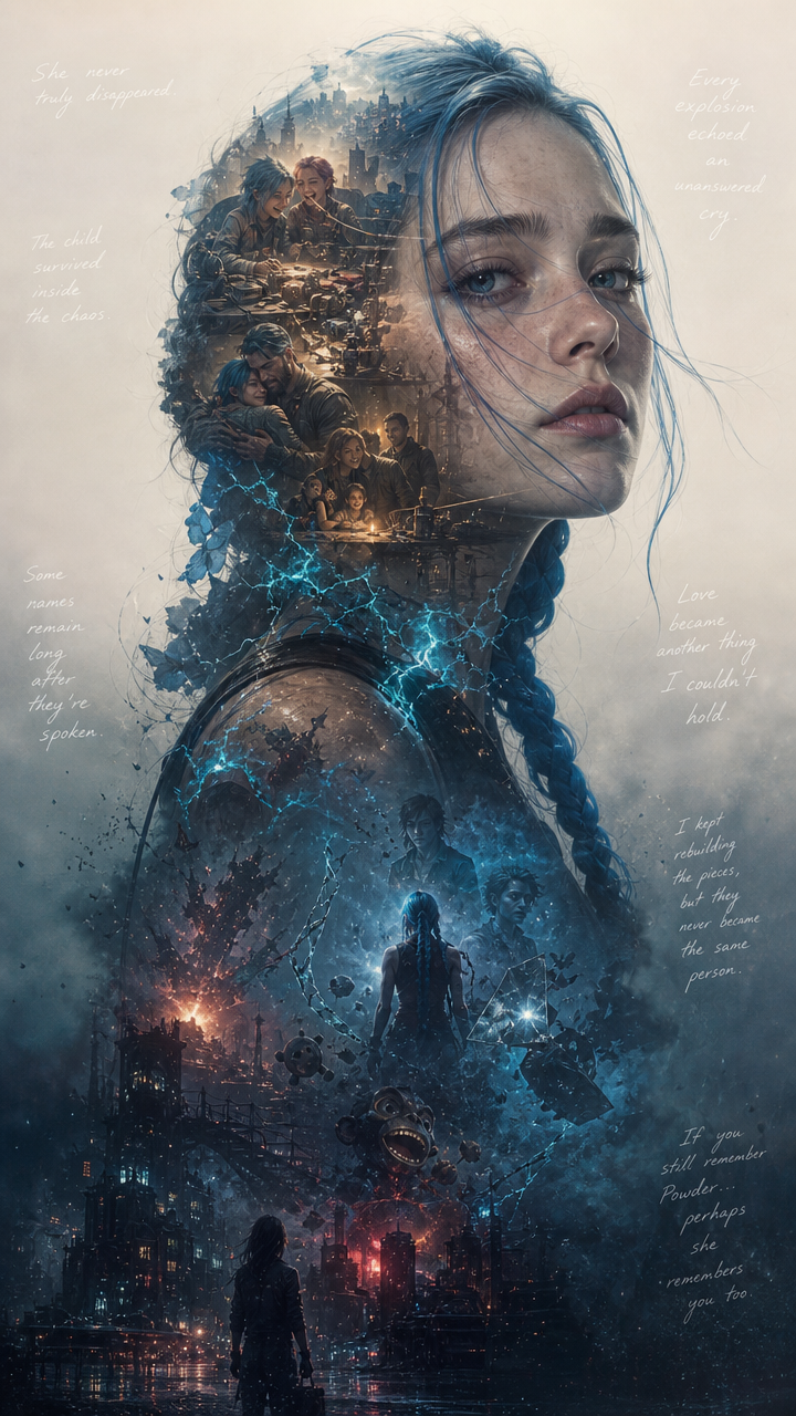 [Surreal double exposure portrait of Arcane's Jinx, with her silhouette filled with childhood memories, Zaun city scenes, ...