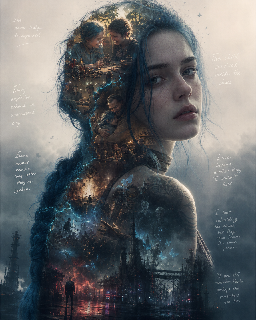 [Double exposure fan art of Arcane's Jinx, layered with overlapping memory scenes, Zaun city conflict, and handwritten lor...