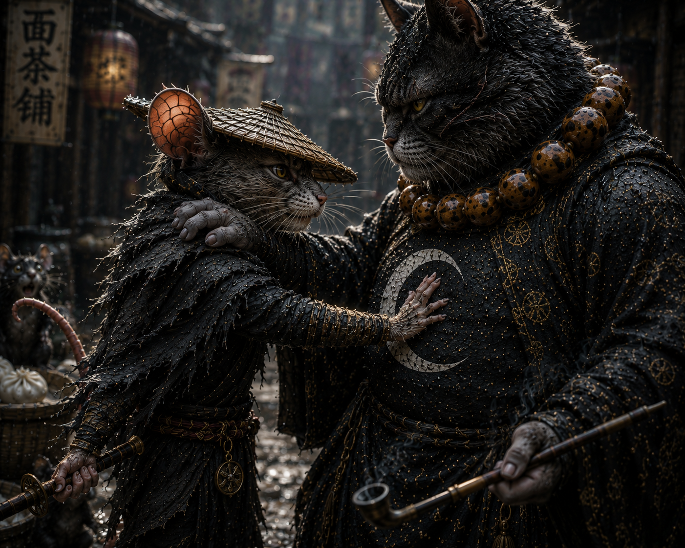 Anthropomorphic feline warriors face one another in a rain-soaked historic East Asian market street.
