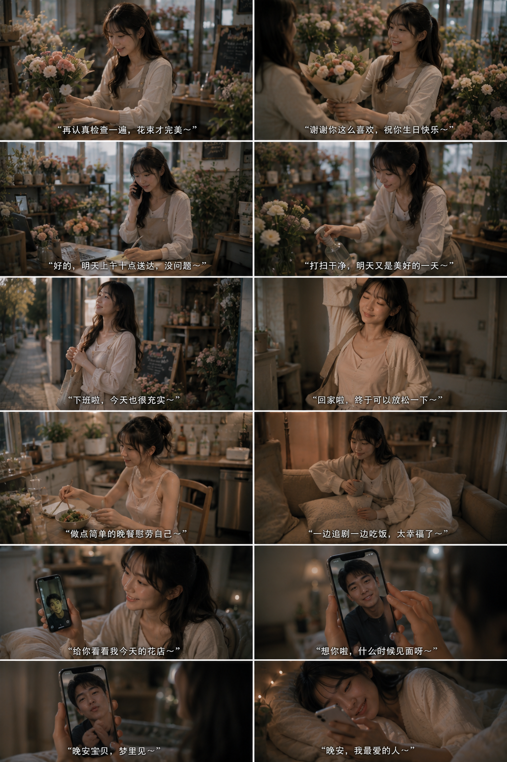 10-panel storyboard showing a young female florist's full cozy daily routine from flower shop work to evening home video c...