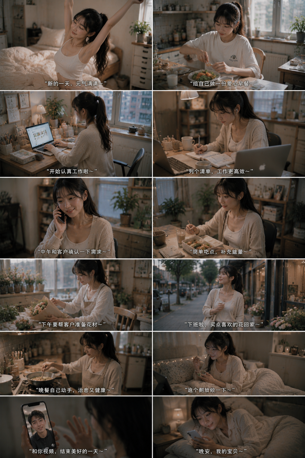 12-panel storyboard collage showing a young woman's quiet, cozy daily routine across work, home tasks, and evening relaxat...