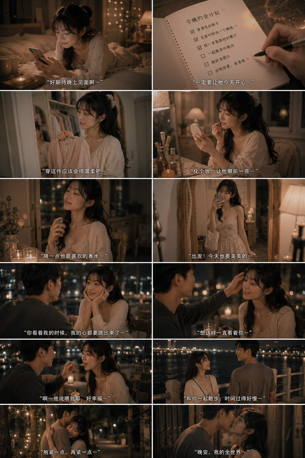 12-panel romantic story collage showing a young woman preparing for and enjoying a cozy tender evening date with her partner