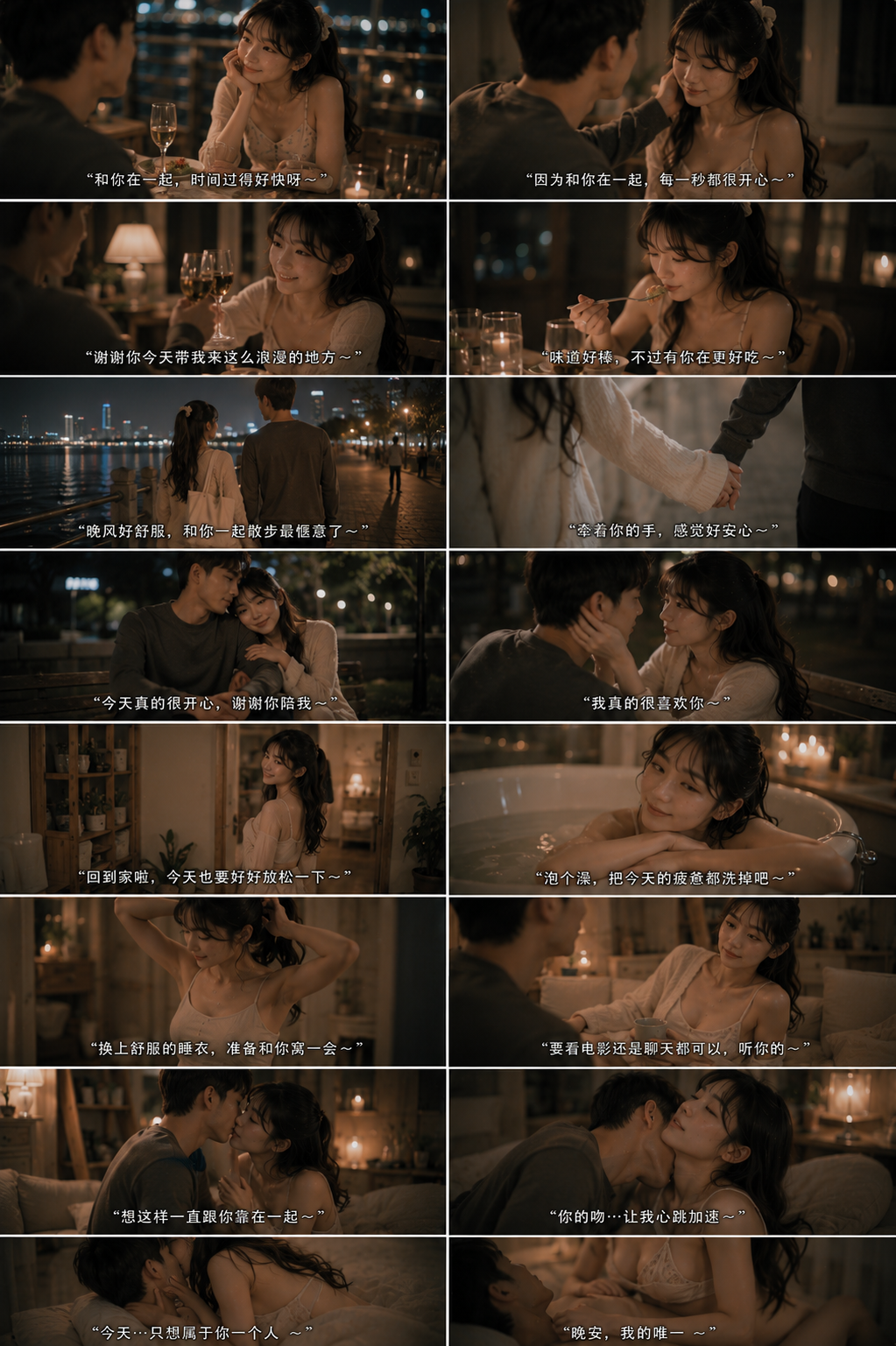 [16-panel cinematic story montage of a young couple sharing a tender, romantic full date night from dinner to intimate hom...