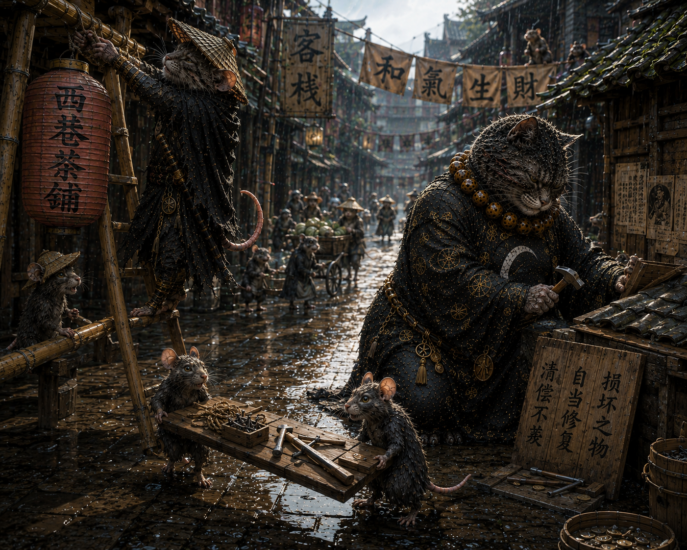 Anthropomorphic cats and mice work in a rainy, bustling fantasy ancient East Asian market street lined with wooden storefr...