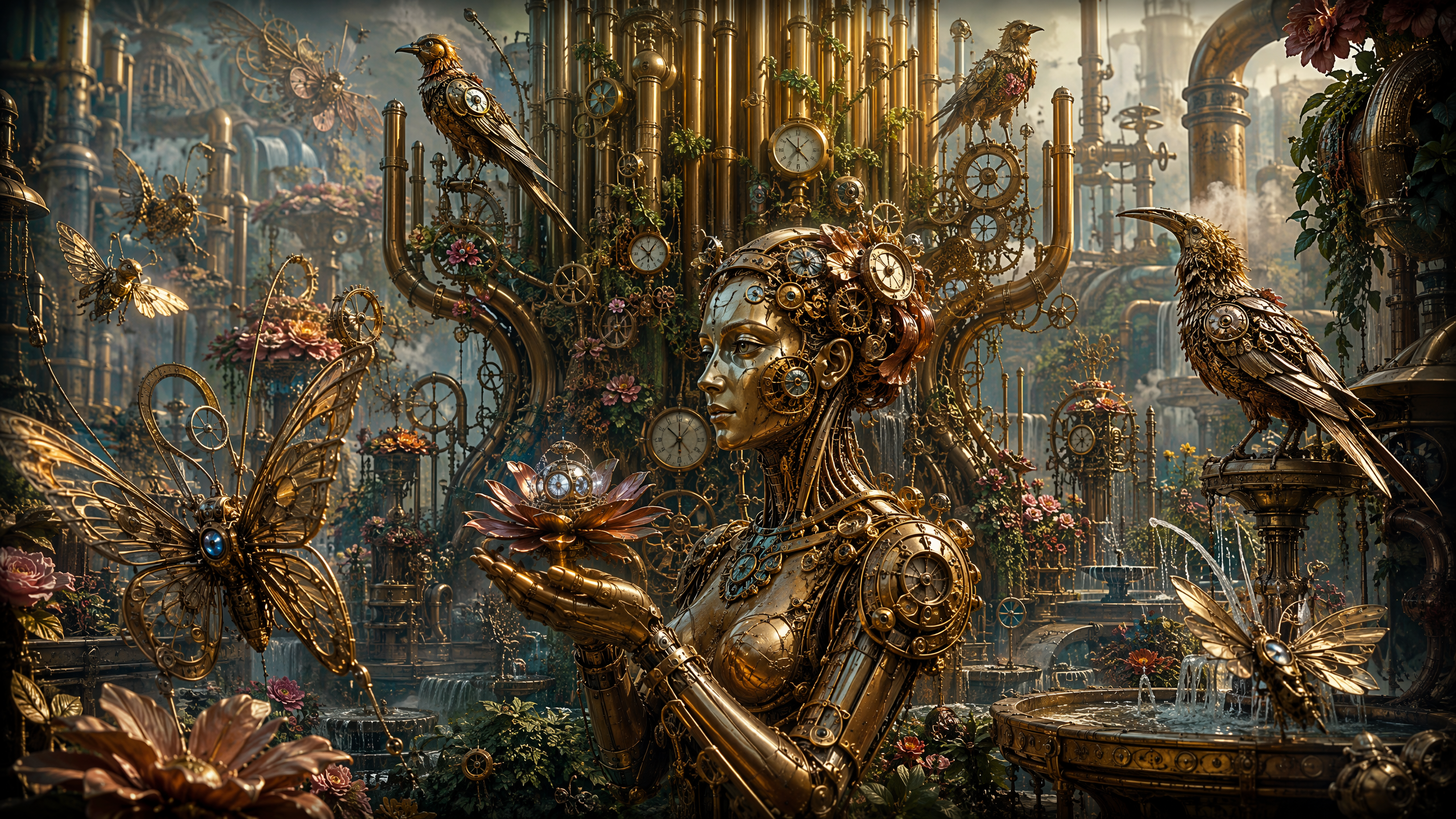 [Golden steampunk female automaton holds a crystal lotus, surrounded by mechanical birds, filigree butterflies, and overgr...
