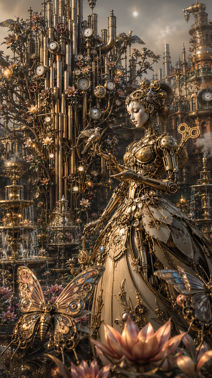 [Elegant brass steampunk automaton lady stands in a clockwork mechanical garden with metal butterflies and industrial city...