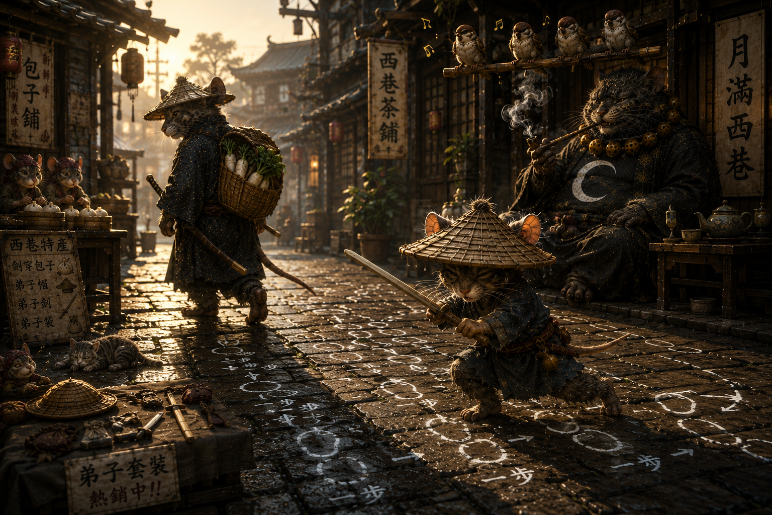 [Tiny straw-hatted samurai cat practices swordplay on a sunlit traditional East Asian cobblestone market populated by anth...