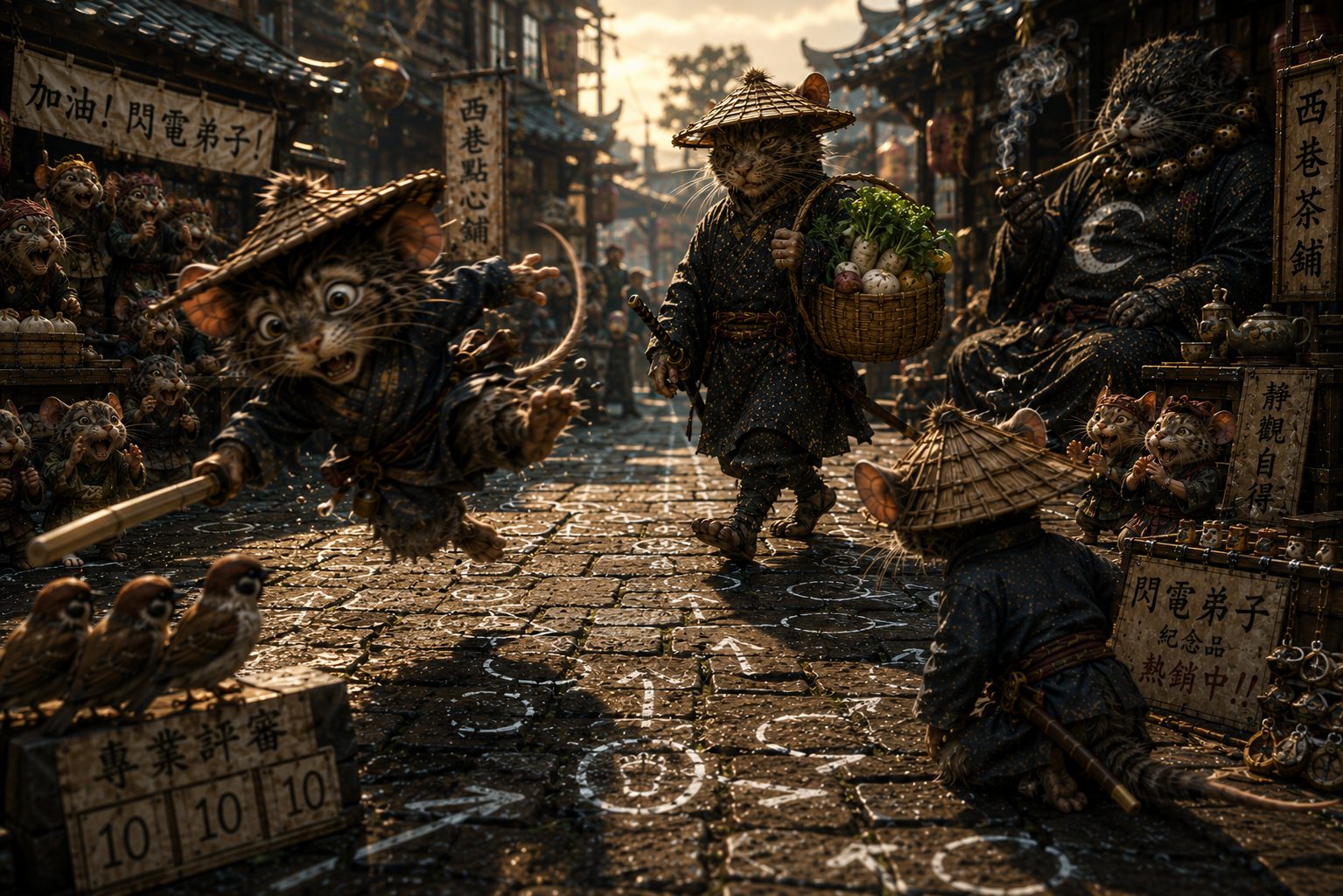 Anthropomorphic samurai cats populate a sunlit traditional East Asian market, one leaping mid-stunt for cheering feline on...