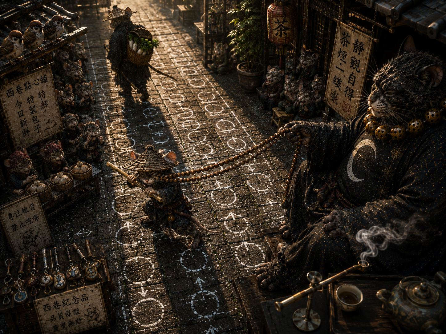 Fantasy scene of anthropomorphic cat monk overseeing a straw-hatted mouse warrior training in a sunlit traditional East As...