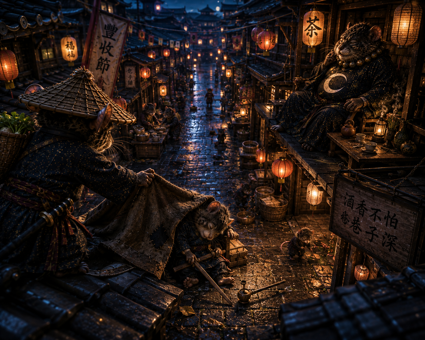 Anthropomorphic rodent villagers populate a glowing lantern-lit rainy traditional East Asian night market.