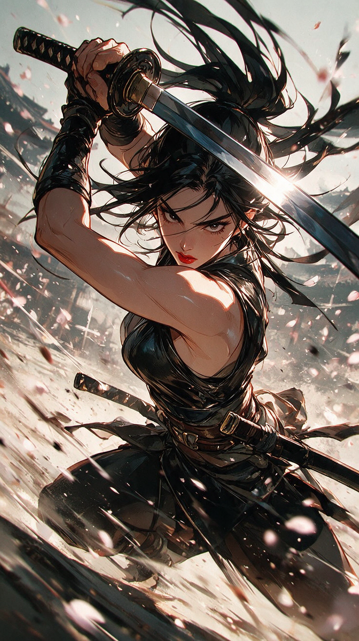 [Fierce anime female samurai in combat stance, holding a raised glinting katana, windblown dark hair, falling cherry bloss...
