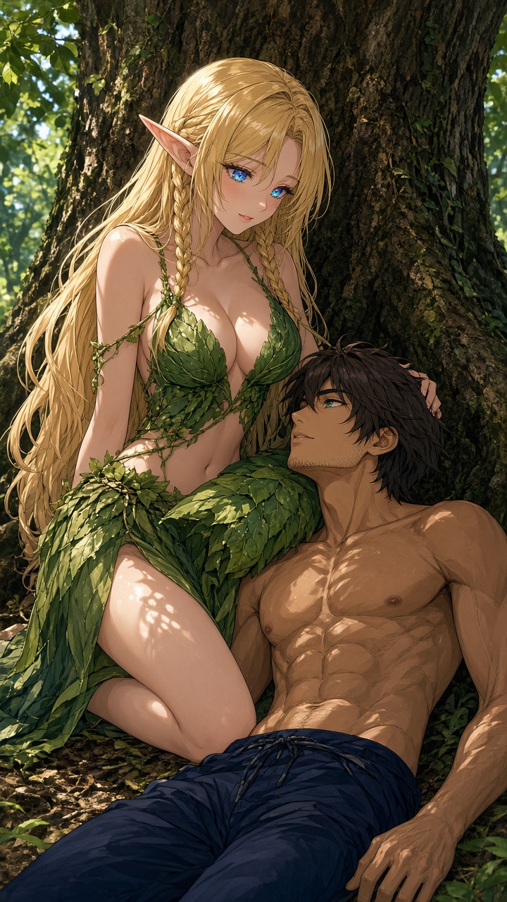 Tender anime fantasy scene of a blonde leaf-clad elf woman resting with a muscular man under a sunlit forest tree