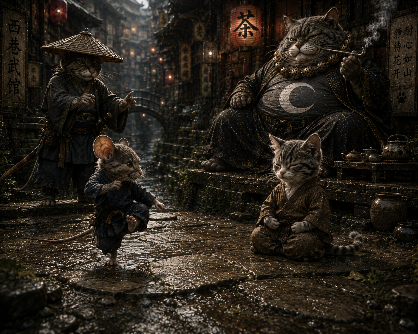 Anthropomorphic samurai cats and mouse apprentice in traditional Japanese attire gather on a rainy historic Edo-style cobb...