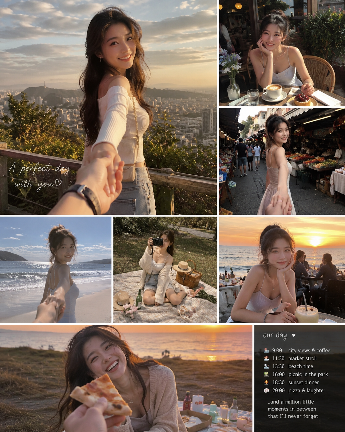 Collage of follow-me first-person photos documenting a romantic day date with a smiling young woman across scenic locations