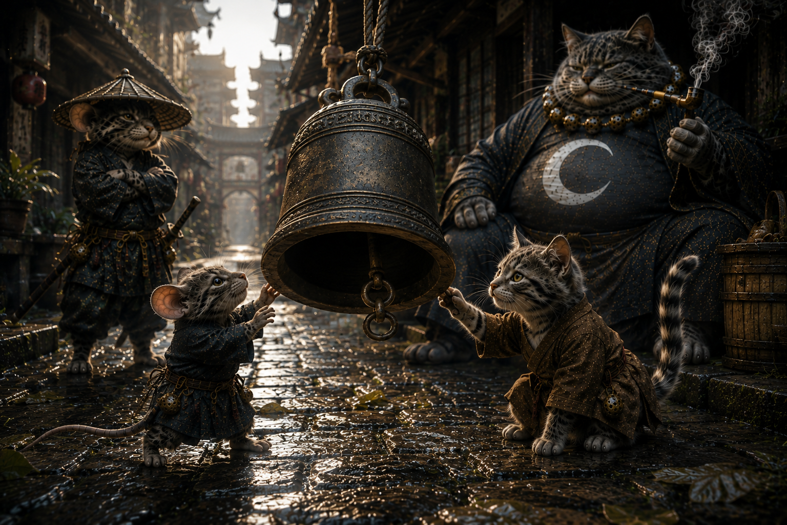 Anthropomorphic kitten and mouse ring a large bronze bell as feline characters observe on a misty historic East Asian vill...