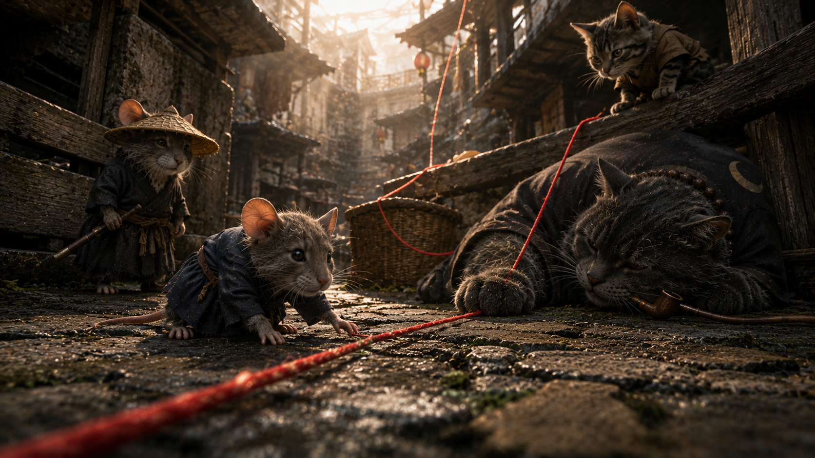 Anthropomorphic clothed mice and tabby cats gather in a sunlit rustic fantasy village alley.