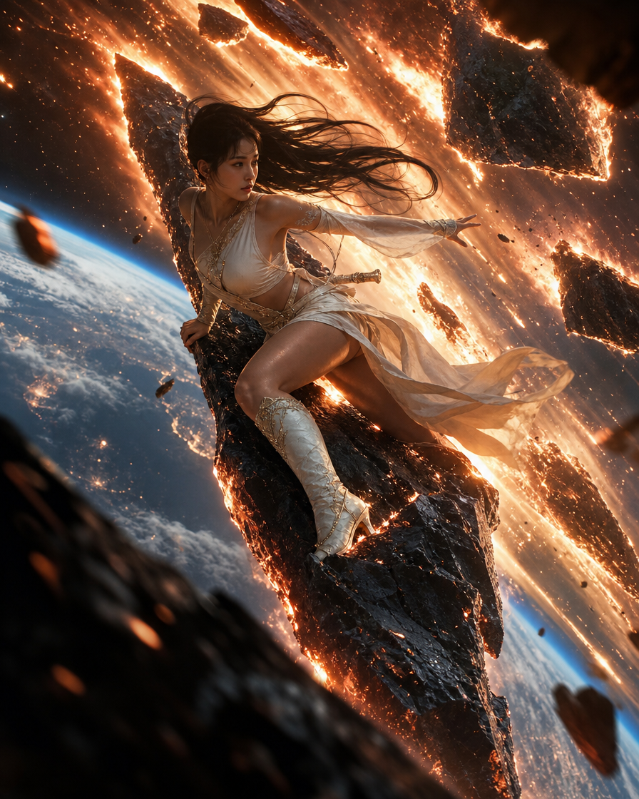 Female fantasy warrior in flowing white attire perched on a glowing falling meteor, surrounded by fiery asteroids above pl...