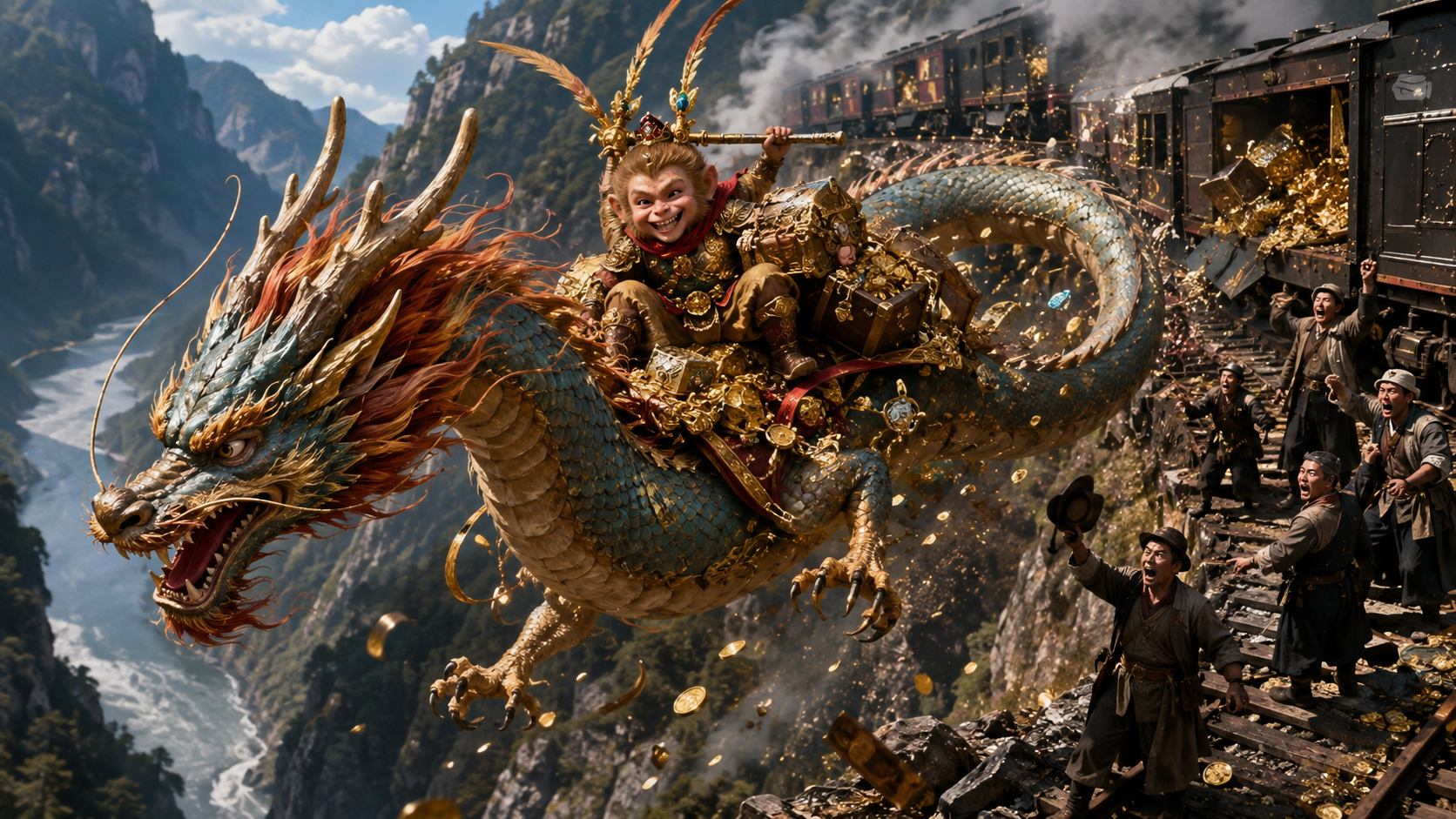 Sun Wukong rides an ornate Chinese dragon spilling gold, beside a derailed cliffside train and cheering onlookers.