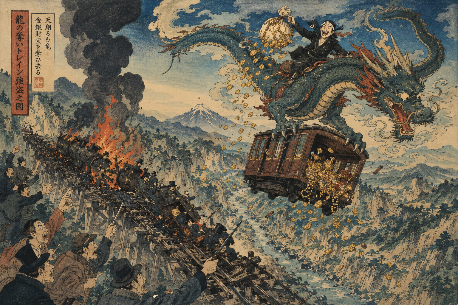 Ukiyo-e woodblock print of a bandit riding an eastern dragon stealing treasure from a burning derailed train near Mount Fuji.