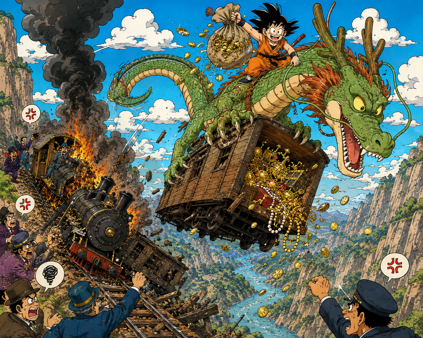 [Young Goku rides Shenron lifting a treasure train car above a crashed burning steam locomotive in this Dragon Ball anime ...