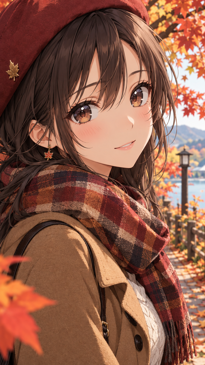 Close up portrait of a smiling anime girl in cozy fall attire against an autumn lakeside backdrop
