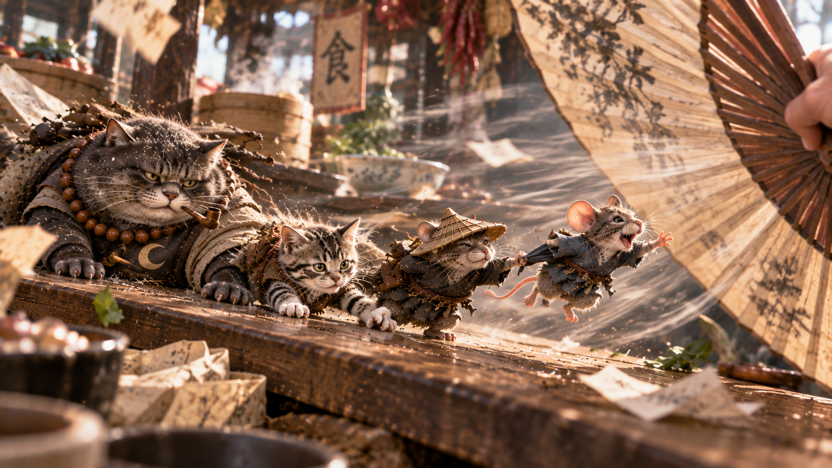Costumed anthropomorphic cats and mice are blown backward by fan wind across a market table