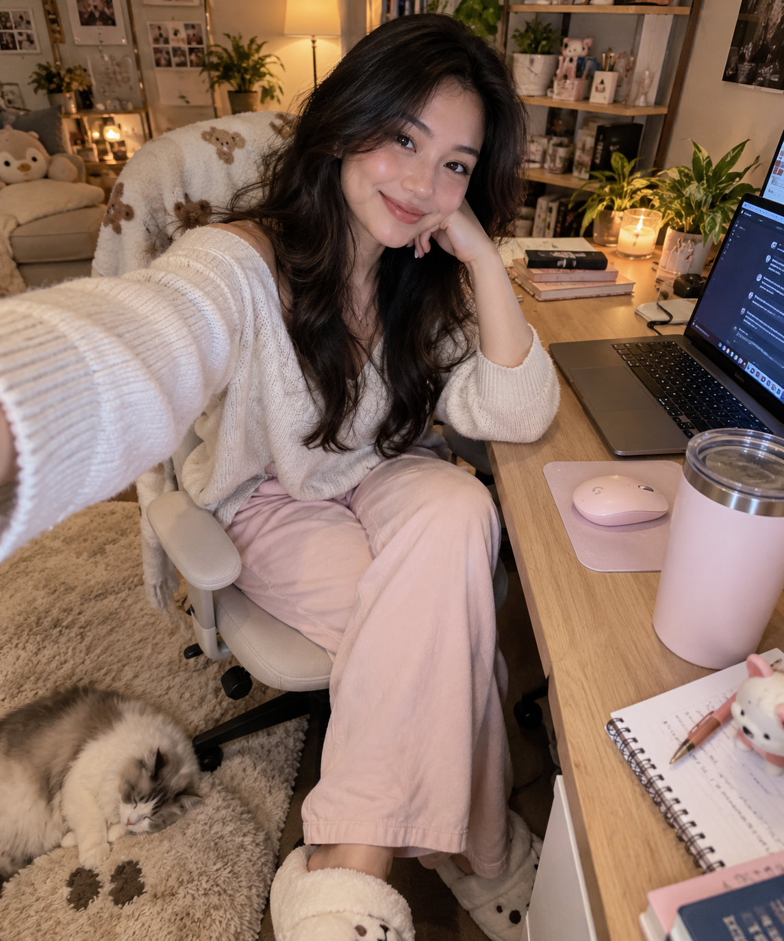 Smiling young woman takes a selfie at her cozy home desk beside a napping fluffy cat