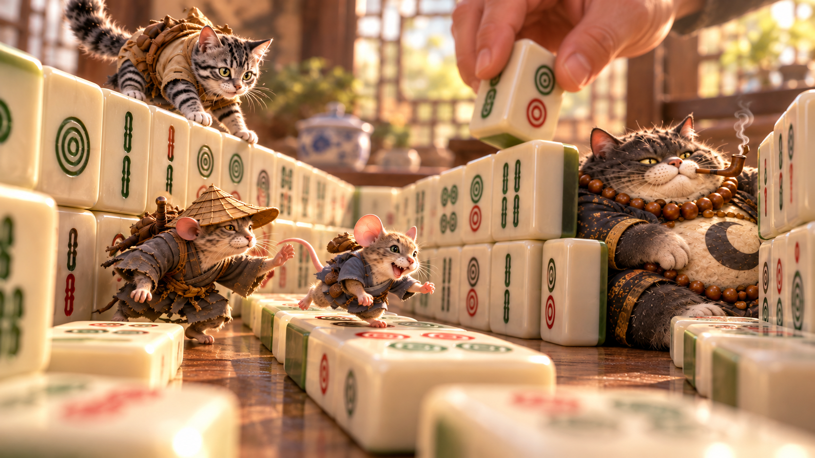 Tiny anthropomorphic cat and mouse characters explore a giant mahjong table mid-game