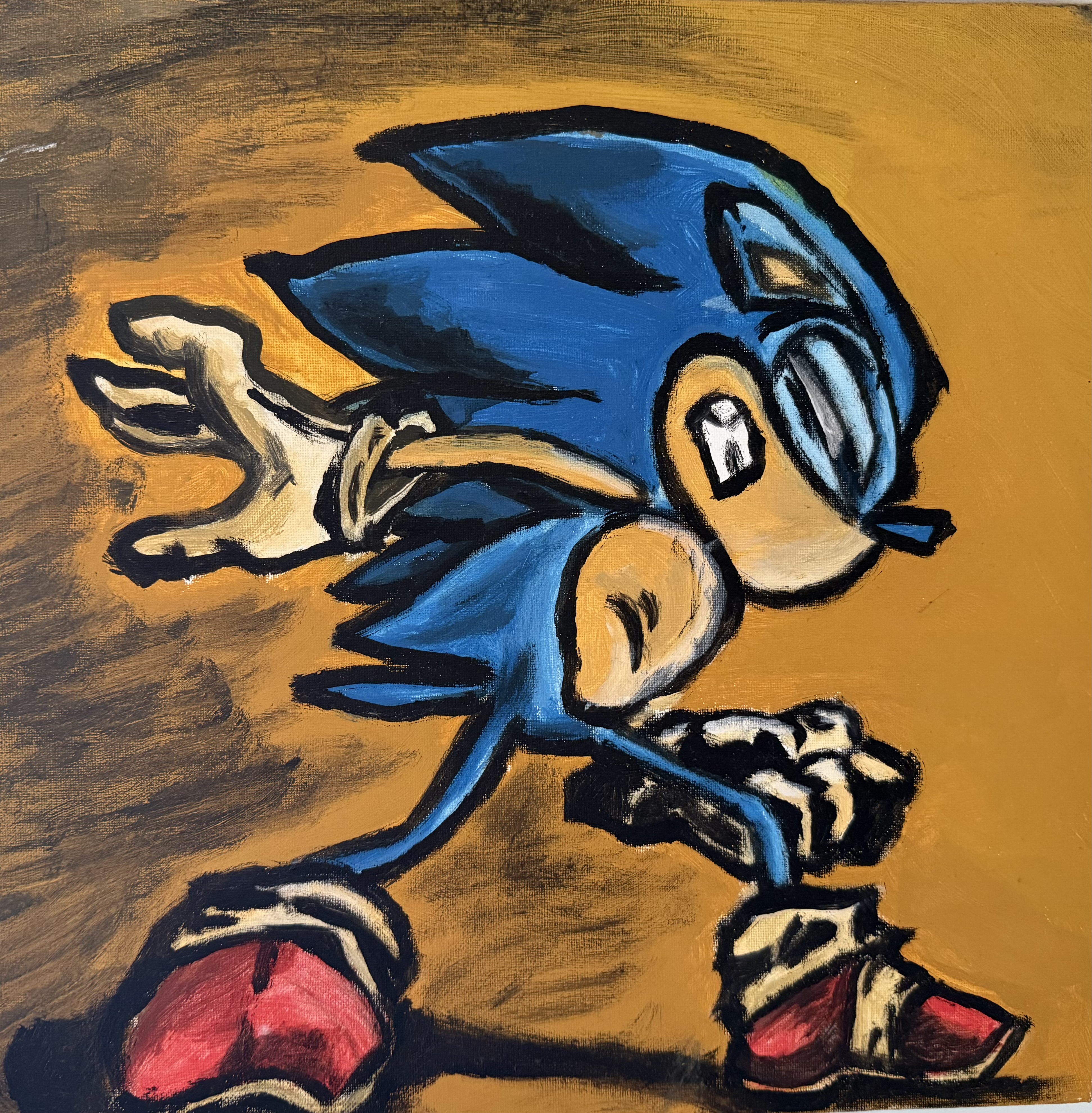 Stylized acrylic painting of Sonic the Hedgehog striking a dynamic mid-run pose