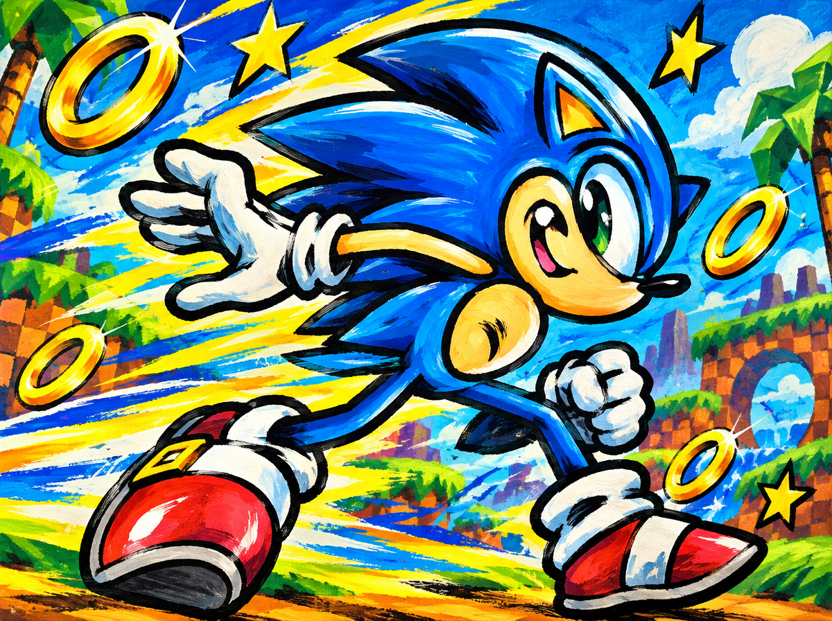 Sonic the Hedgehog sprinting through Green Hill Zone past floating gold rings and star power ups