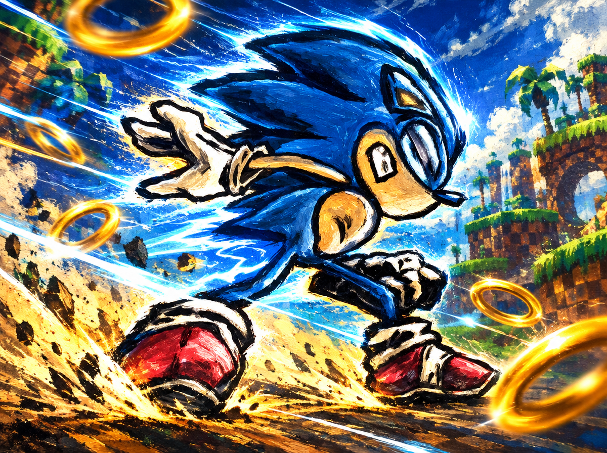 Sonic the Hedgehog sprinting at high speed past floating golden rings in Green Hill Zone
