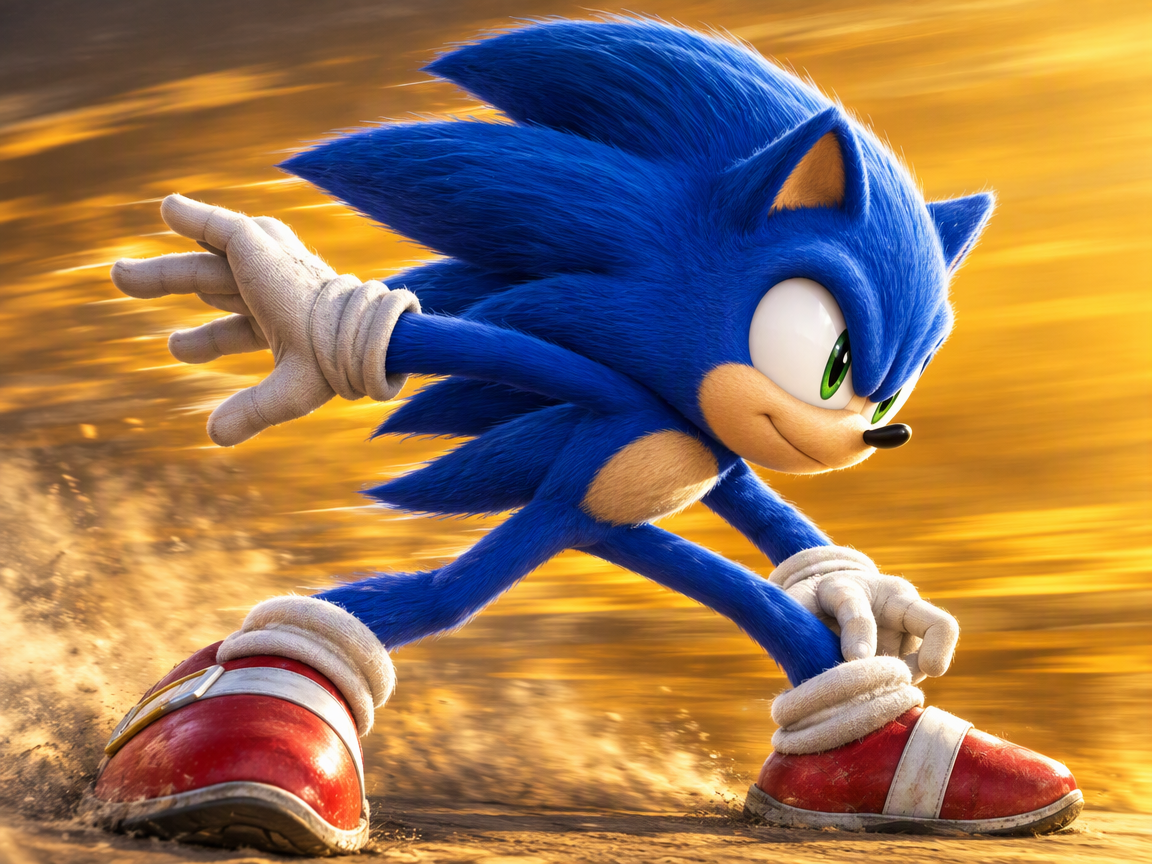 Cinematic 3D render of Sonic the Hedgehog posed in a dynamic high-speed skid against a golden blurred background