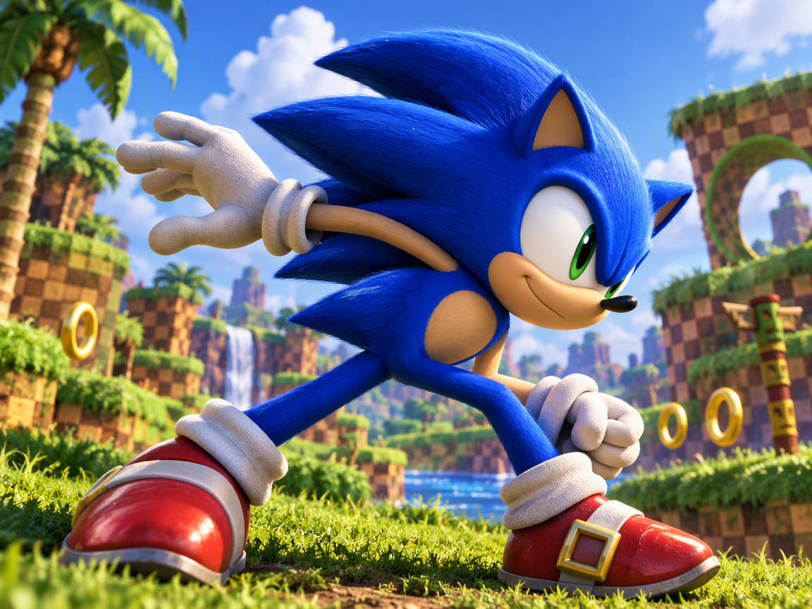 Sonic the Hedgehog leans into a sprint across lush grass in the classic Green Hill Zone level with floating gold rings