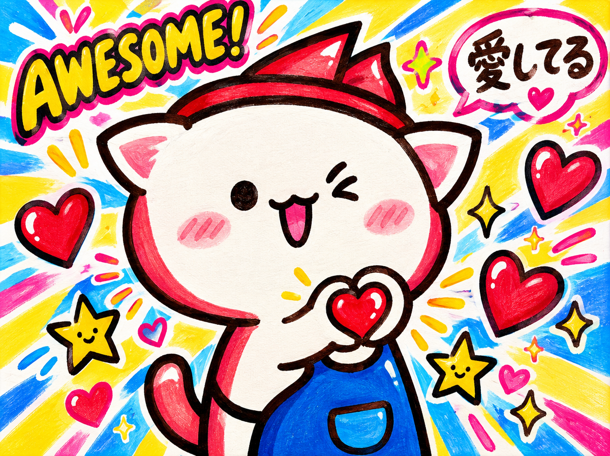 Winking kawaii cartoon cat forms a heart gesture surrounded by hearts, stars, and cheerful text