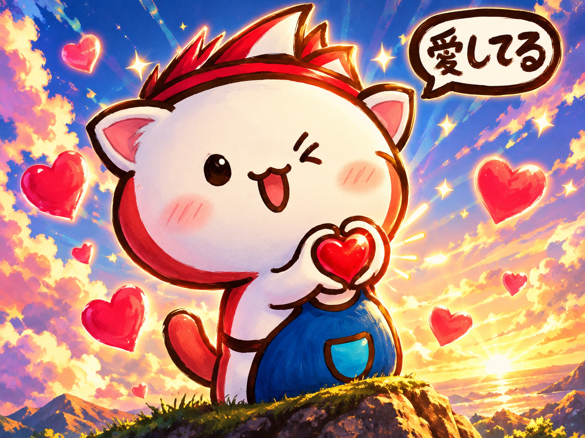 Cute winking chibi cat holding a glowing red heart surrounded by floating love hearts at a sunset mountain overlook