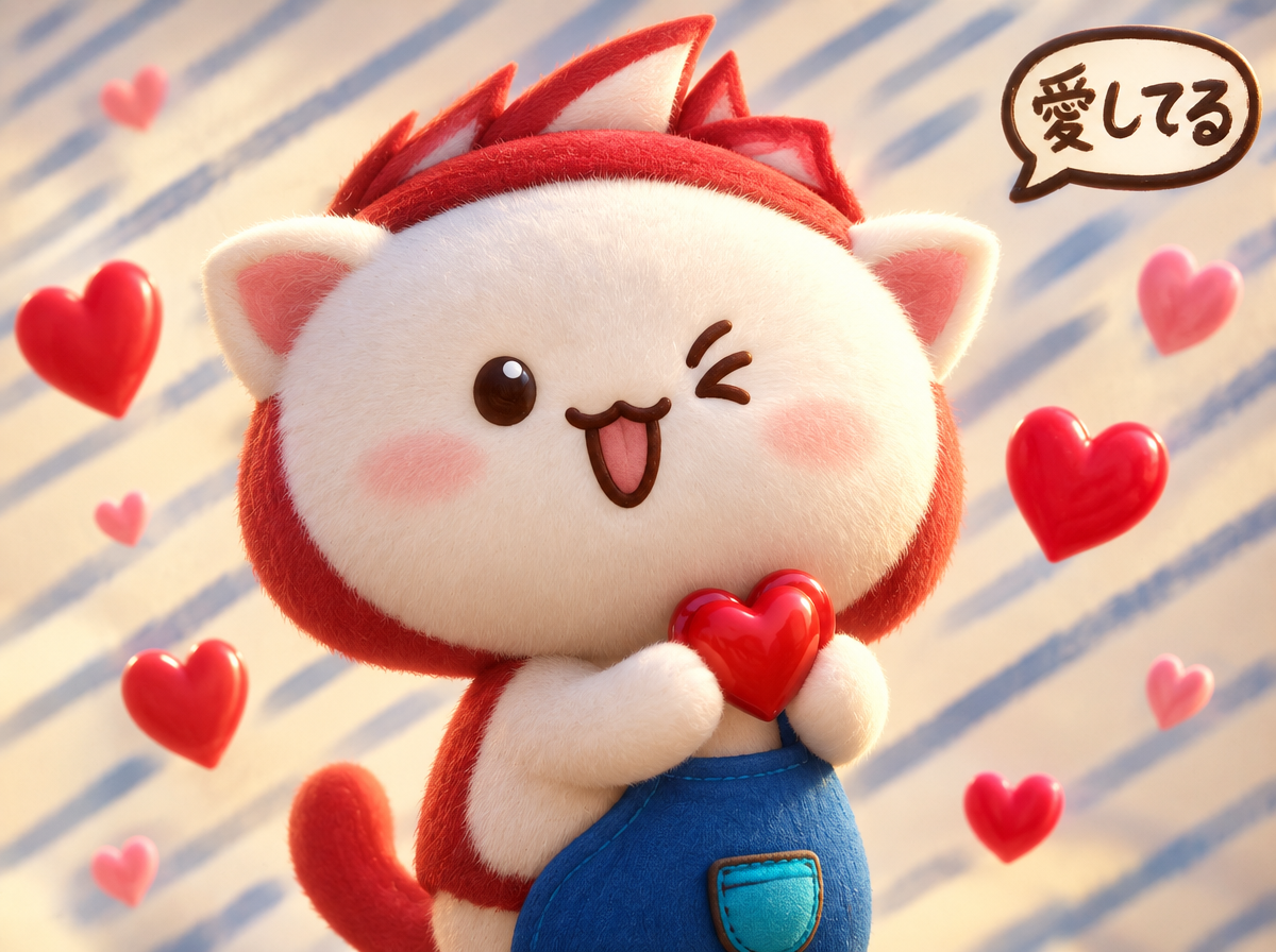 Cute fluffy chibi cat winks playfully while holding a red heart, surrounded by floating hearts and a Japanese love message