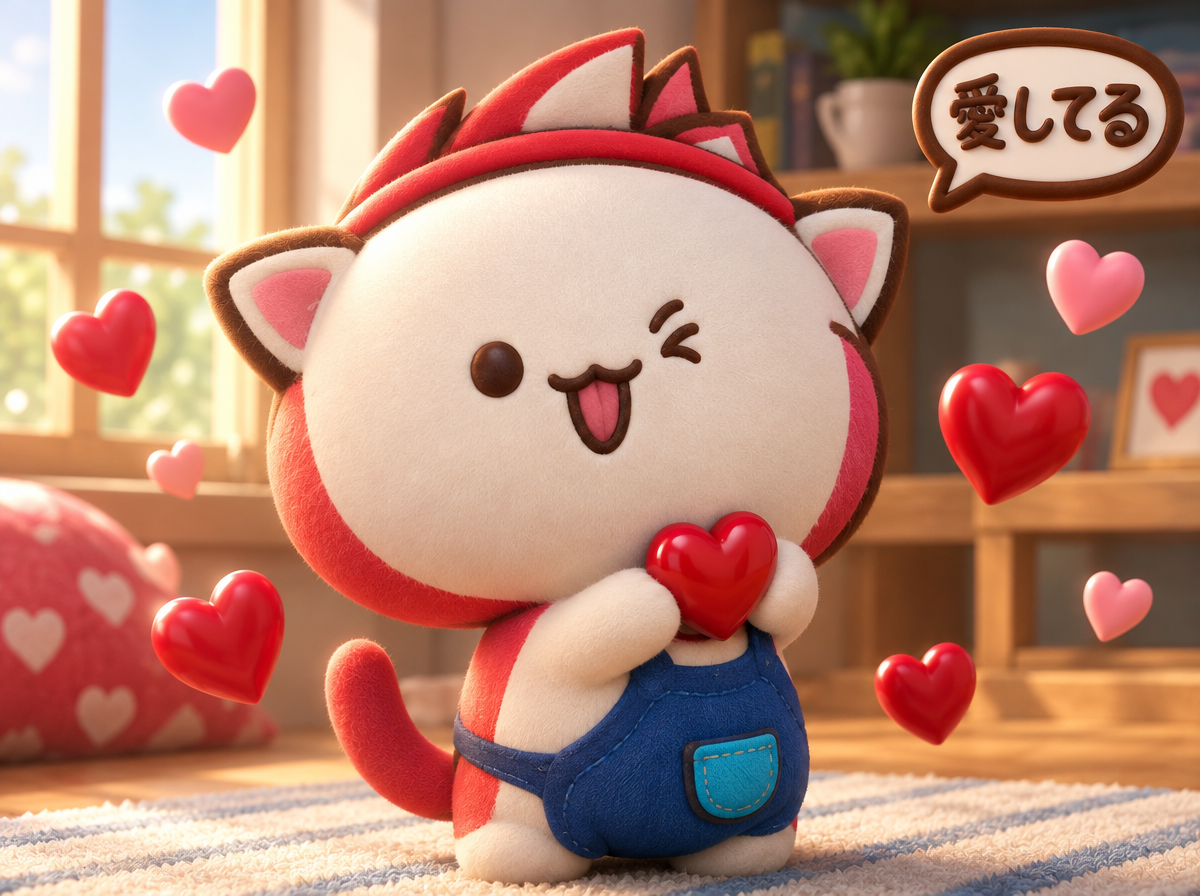 Felt plush chibi cat winks while holding a red heart, surrounded by floating hearts and a Japanese I love you speech bubble