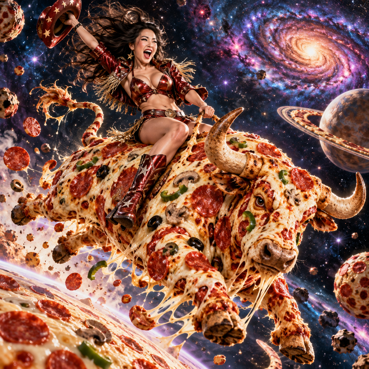 Joyful rodeo cowgirl riding a pepperoni pizza bull through a vibrant outer space galaxy