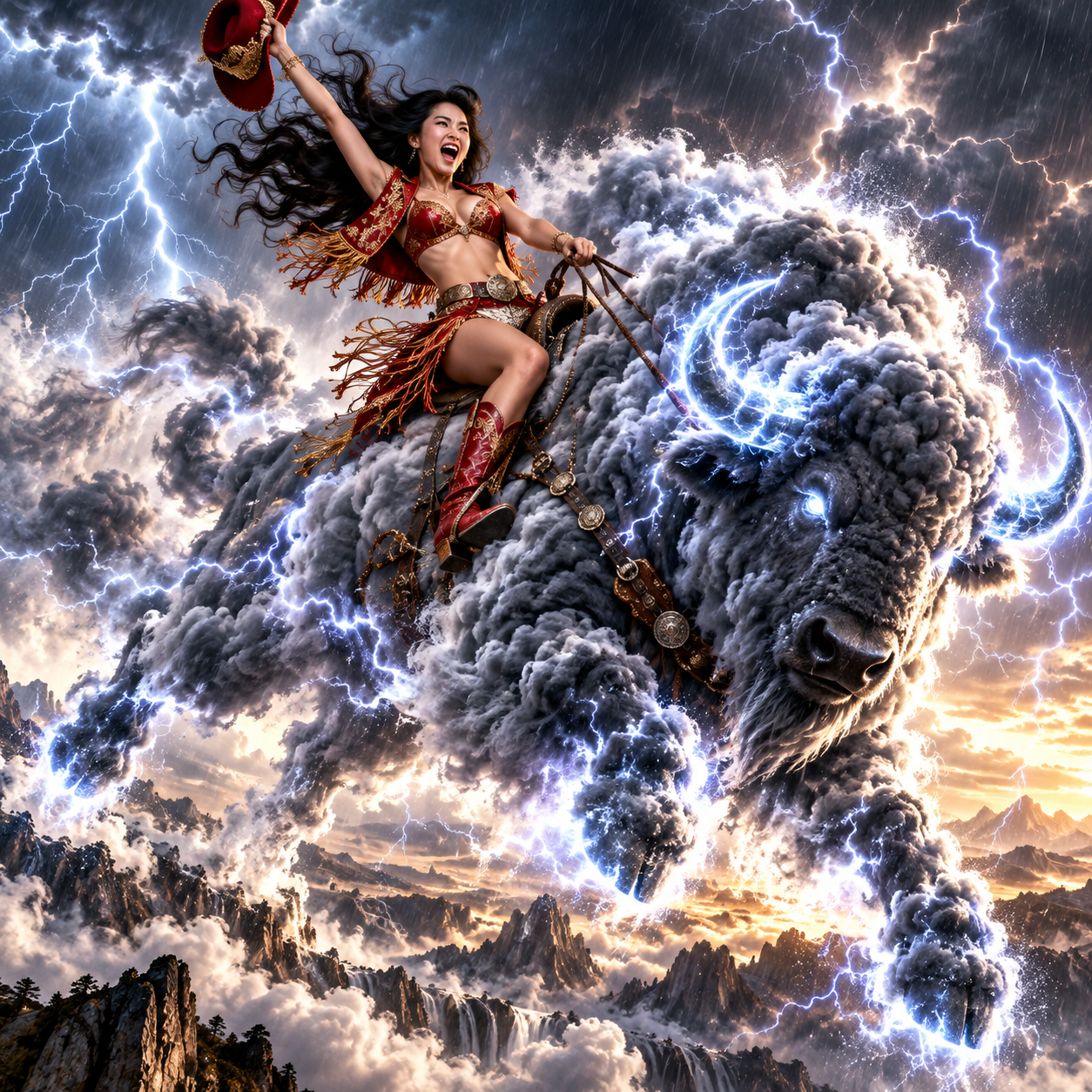 Joyful female rider holds her cowboy hat aloft while riding a lightning-wreathed cloud bison above stormy mountain peaks