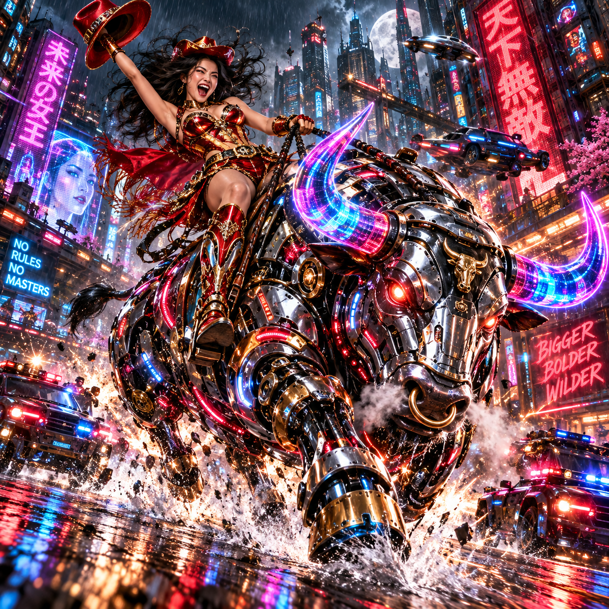 Exuberant cowgirl riding a glowing neon-horned mechanical bull through a rainy cyberpunk city police chase