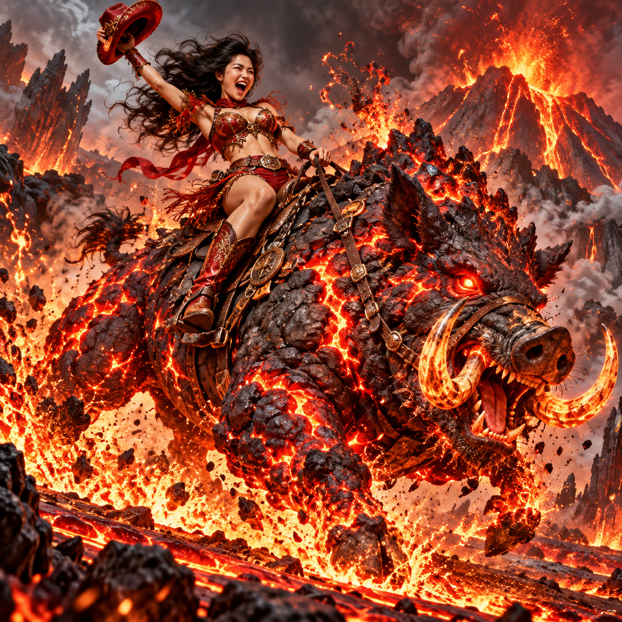 Exuberant fantasy warrior cheers while riding a giant glowing lava boar across an erupting volcanic wasteland