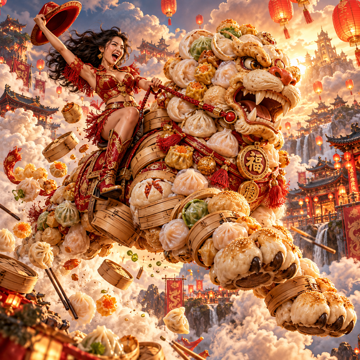Joyful woman in red festival attire rides a dumpling lion dance creature above a fantasy Chinese sky city