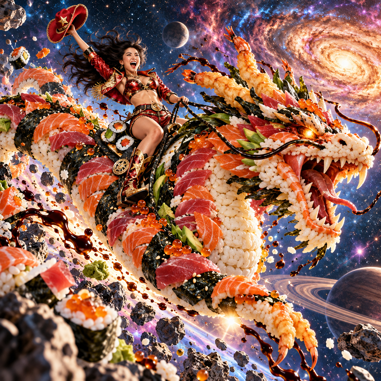 Cheering cowgirl rides a giant sushi dragon through vibrant cosmic outer space with swirling galaxies