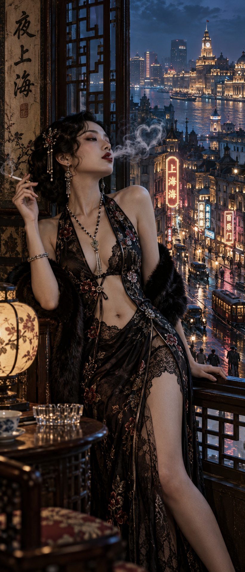 Elegant retro 1930s Shanghai woman exhales smoke on a balcony overlooking glowing night city skyline
