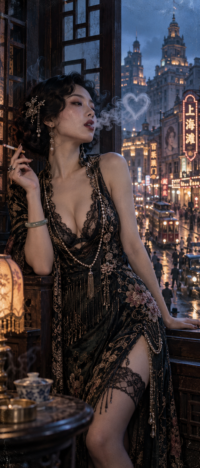 Elegant 1930s Shanghai socialite leaning on a balcony overlooking the illuminated old Bund at rainy dusk