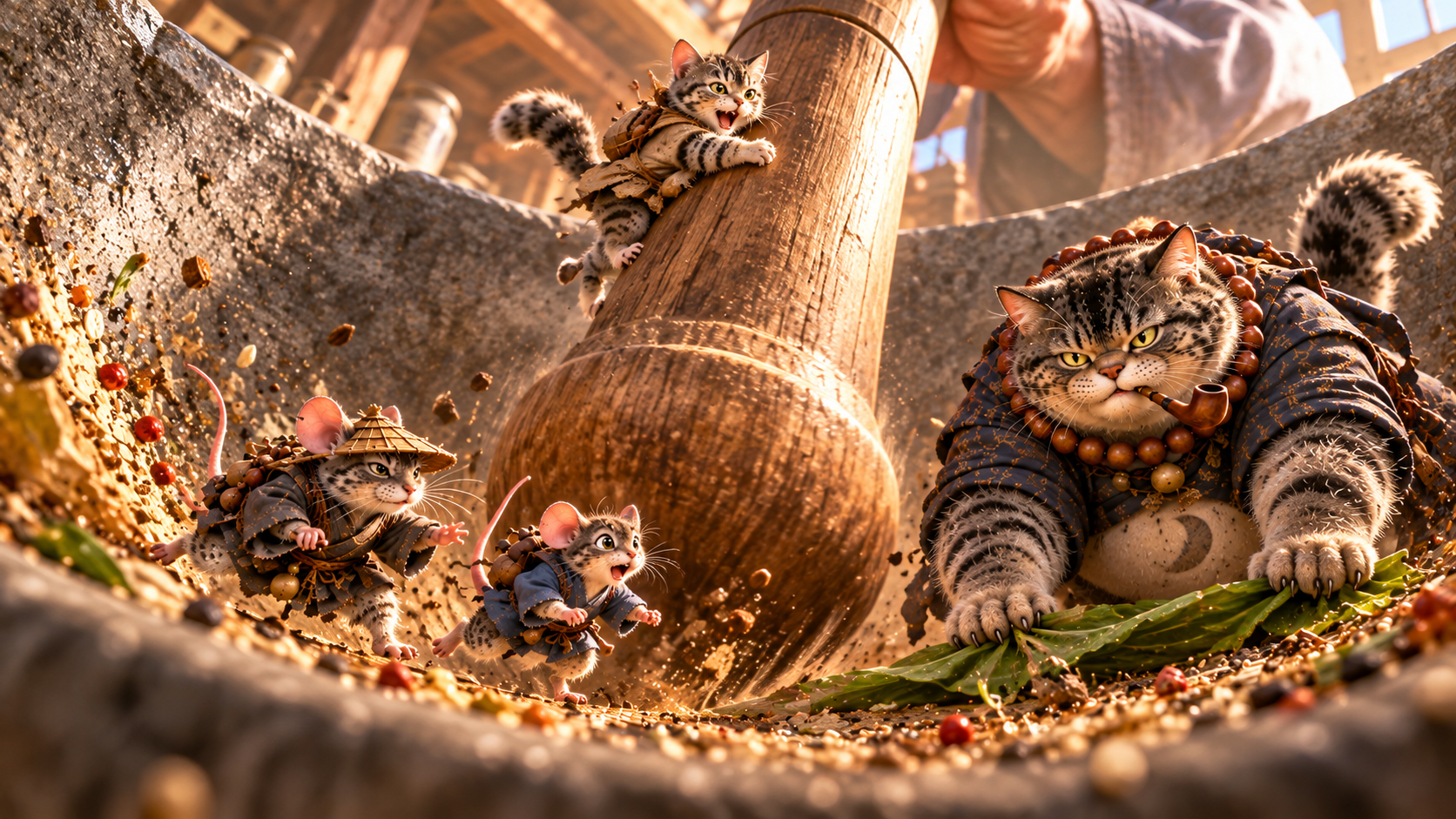 Tiny anthropomorphic samurai tabby cats scramble inside a stone mortar beneath a giant wooden pestle