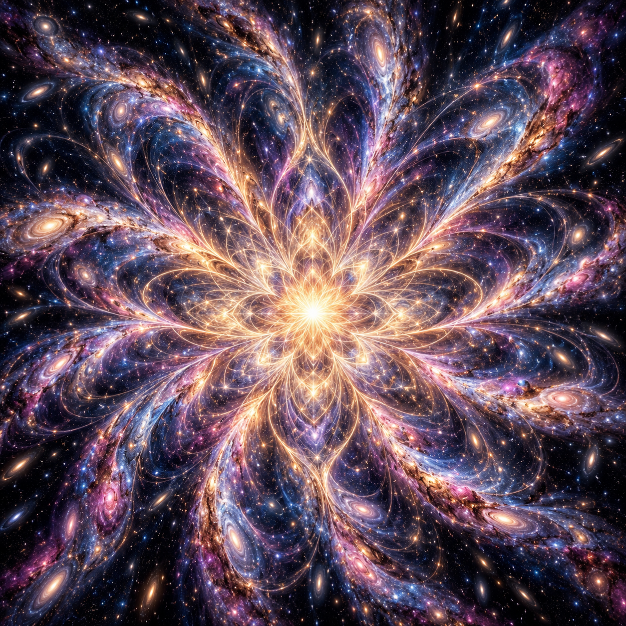 Symmetrical flower-shaped cosmic mandala made of swirling glowing… — AI ...