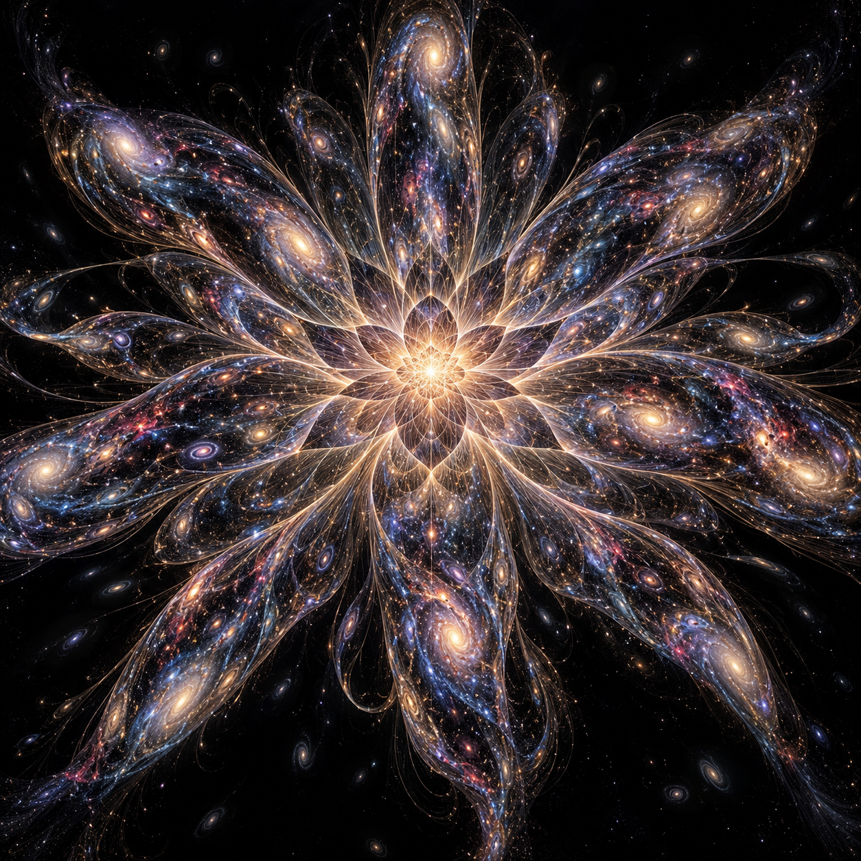 Symmetrical flower-shaped cosmic mandala made of swirling glowing… — AI ...