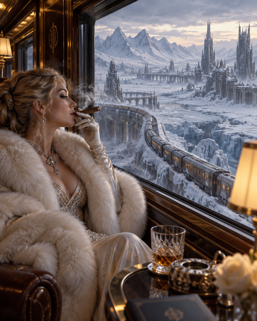 Elegant noblewoman in a luxury train smokes a cigar overlooking a snowy fantasy alpine cityscape