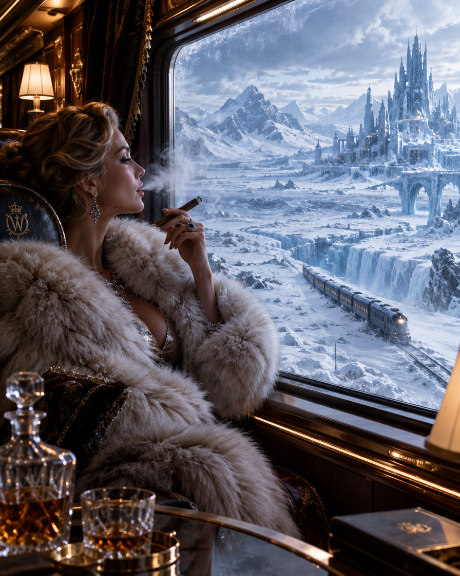 Elegant woman in a fur coat smokes a cigar inside a luxury train overlooking an icy fantasy ice castle landscape
